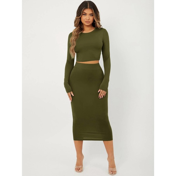 2 piece set: long sleeve Slim Fit Crop Top & High Waist Pencil Skirt black - Picture 8 of 11